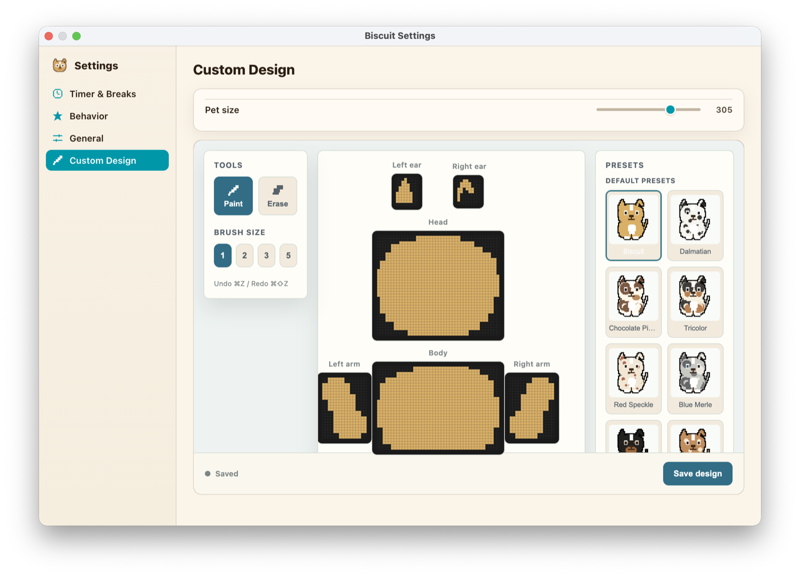 Biscuit's Custom Design settings: a paint and erase toolbar, separate editable canvases for his ears, head, body and arms, and a list of coat presets including Dalmatian, Tricolor and Blue Merle.